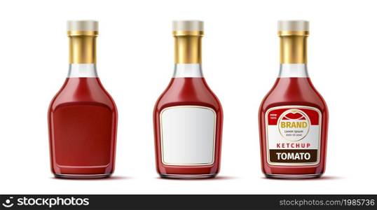Realistic ketchup bottle mockup. Clean tomato sauce glass container with empty label and designed. Isolated condiment packaging for branding. Preserved vegetable red dressing. Vector 3D packages set. Realistic ketchup bottle mockup. Clean tomato sauce glass container with empty label and designed. Condiment packaging for branding. Preserved vegetable dressing. Vector 3D packages set