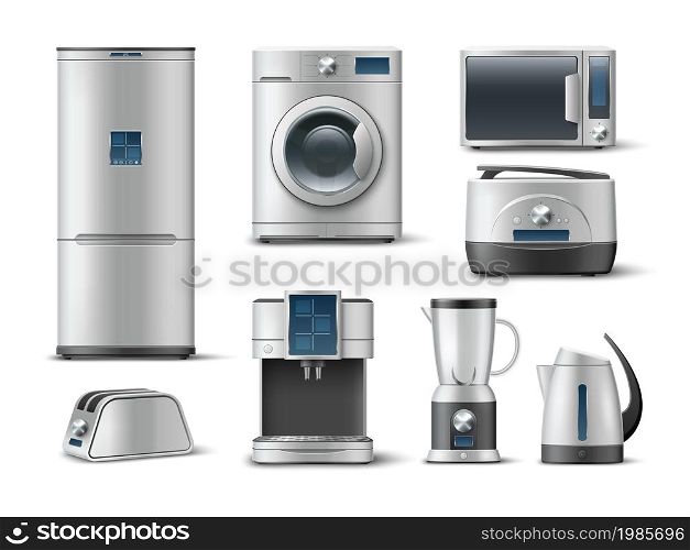 Realistic kitchen appliance. 3D consumer electronics. Metallic grey color washer and refrigerator. Electric steel kettle and blender. Isolated house coffee maker. Vector household silver machines set. Realistic kitchen appliance. 3D consumer electronics. Metallic grey color washer and refrigerator. Electric kettle and blender. Isolated house coffee maker. Vector household machines set