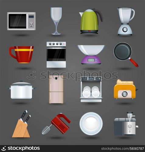 Realistic kitchen appliances icons set with microwave wine glass kettle blender isolated vector illustration