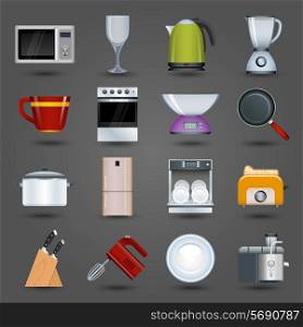 Realistic kitchen appliances icons set with microwave wine glass kettle blender isolated vector illustration