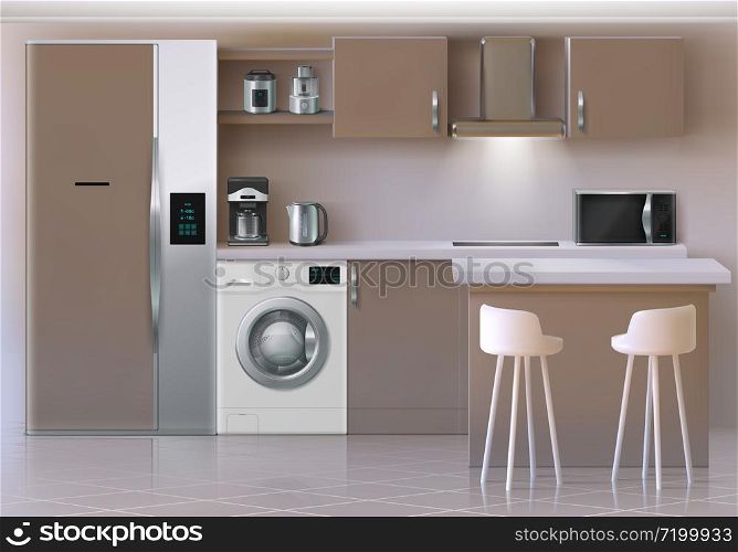 Realistic kitchen interior. Electronic household devices utensils and furniture, fridge oven shelves and table. Vector illustrations 3D kitchen mockup with microwave, kettle, coffee maker. Realistic kitchen interior. Electronic household devices utensils and furniture, fridge oven shelves and table. Vector 3D kitchen mockup