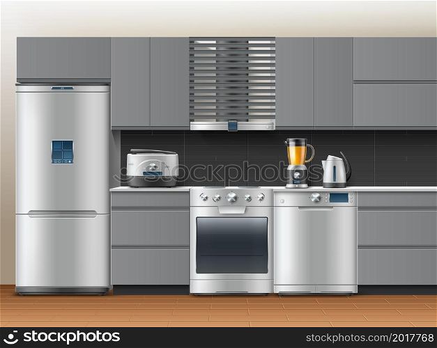Realistic kitchen interior. Grey 3d furniture, steel refrigerator, multicooker, blender and kettle, washing machine and juice maker, modern cabinets design and electronic equipment, vector concept. Realistic kitchen interior. Grey 3d furniture, steel refrigerator, multicooker, blender and kettle, washing machine, modern cabinets design and electronic equipment, vector concept