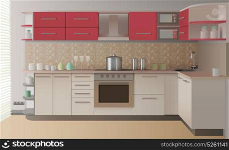 Realistic Kitchen Interior. Modern style realistic kitchen interior create for presentation catalog or advertising in magazine vector illustration