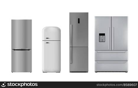 Realistic kitchen refrigerator, isolated vector fridge machines, freezers. Modern and retro 3d appliances with digital display and dispenser for water, gray or silver metal devices front view. Realistic kitchen refrigerator, fridge machines