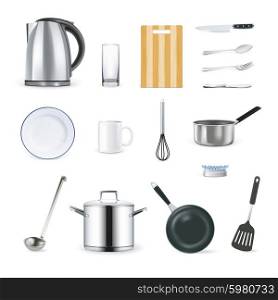 Realistic Kitchen Utensils Icons Set . Realistic kitchen utensils icons set with cup plate ladle and teapot isolated vector illustration