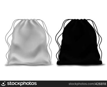 Realistic knapsack. Black white blank backpack. Sports bag, school textile rucksack, pack pouch 3d accessory with ropes and drawstring. Vector mockup. Realistic knapsack. Black white blank backpack. Sports bag, school textile rucksack, pack pouch accessory with ropes. Vector mockup