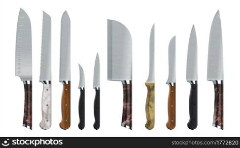 Realistic knives. 3D food carving tools. Stainless steel sharp blades. Isolated kitchen cutters. Metal cookware. Daggers for cutting meal into slices. Household kitchenware. Vector metallic crockery. Realistic knives. 3D food carving tools. Stainless steel sharp blades. Kitchen cutters. Metal cookware. Daggers for cutting meal into slices. Household kitchenware. Vector crockery