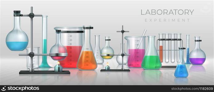 Realistic laboratory. Chemistry lab equipment, 3D flask tubes beaker and other measuring colored filling glassware. Vector chemical or medicine experiment for solutions research or test. Realistic laboratory. Chemistry lab equipment, 3D flask tubes beaker and other measuring glassware. Vector chemical or medicine experiment