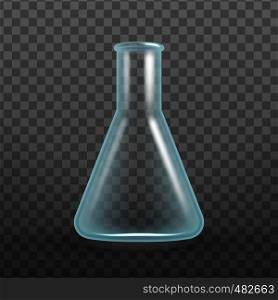 Realistic Laboratory Glassware Or Beaker Vector. Clear Laboratory Glass Equipment With Cylindrical Neck, Empty Sterile Erlenmeyer Flask Isolated On Transparency Grid Background. 3d Illustration. Realistic Laboratory Glassware Or Beaker Vector