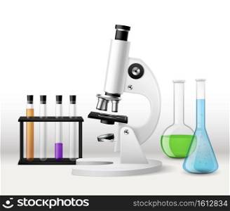 Realistic laboratory research. 3d microscope with test tubes tripod, glass flasks with colorful liquid reagents, chemical or biology scientific study, pharmacy and medical investigation vector concept. Realistic laboratory research. 3d microscope with test tubes tripod, glass flasks with colorful reagents, chemical scientific study, pharmacy and medical investigation vector concept