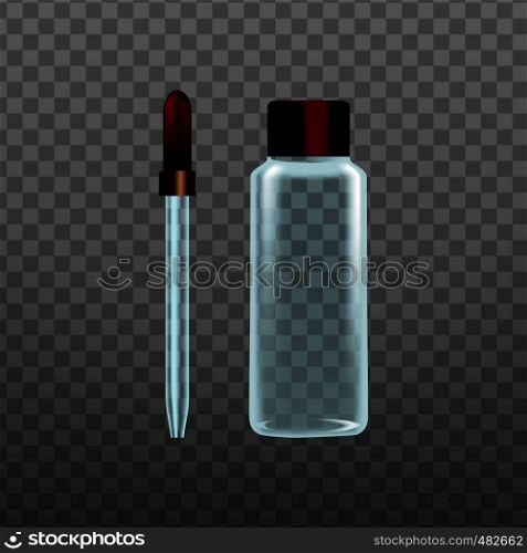 Realistic Laboratory Tool Glass Pipette Vector. Medicine And Chemistry Dropper Pipette For Transport Measured Volume Of Liquid Isolated On Transparency Grid Background. 3d Illustration. Realistic Laboratory Tool Glass Pipette Vector