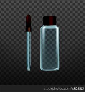 Realistic Laboratory Tool Glass Pipette Vector. Medicine And Chemistry Dropper Pipette For Transport Measured Volume Of Liquid Isolated On Transparency Grid Background. 3d Illustration. Realistic Laboratory Tool Glass Pipette Vector