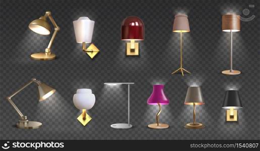 Realistic lamp. Home floor and desk 3D light furniture, closeup render of torchere and light furniture for interior design. Vector isolated set metal decoration luxury lights for home or office. Realistic lamp. Home floor and desk 3D light furniture, closeup render of torchere and light furniture for interior design. Vector isolated set
