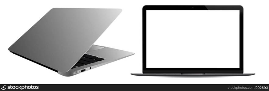 Realistic laptop computer, isolated on white background. Isometric and 90 degree front side view. Notebook with empty screen. Blank copy space on modern mobile device.. Realistic laptop computer, isolated on background.