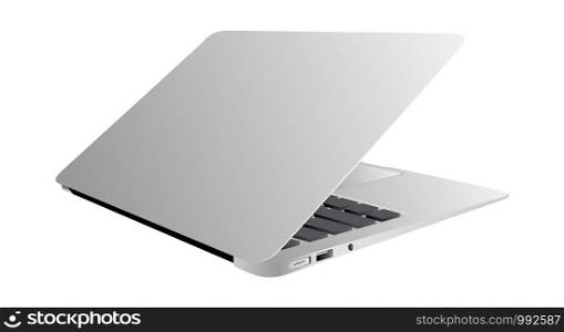 Realistic laptop incline 35 degree isolated on white background. High quality vector illustration. Computer notebook with empty screen. Blank copy space on modern mobile computer.. Realistic laptop incline 35 degree isolated white