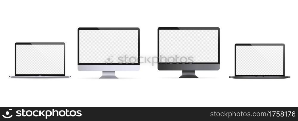 Realistic laptop, notebook. Computer monitor illustration. Light and dark theme. Computer monitor icon. White blank display. Vector EPS 10. Isolated on transparent background