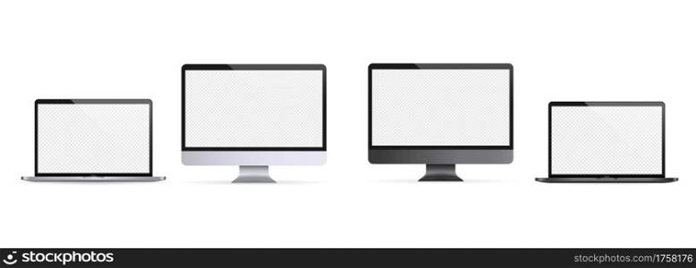 Realistic laptop, notebook. Computer monitor illustration. Light and dark theme. Computer monitor icon. White blank display. Vector EPS 10. Isolated on transparent background