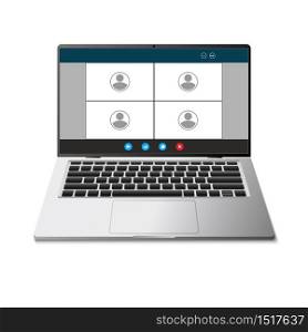 Realistic laptop with video conference interface, live video chat screen, vector illustration