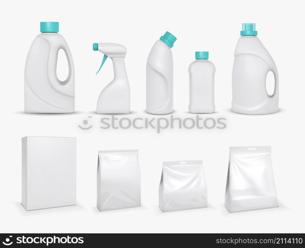 Realistic laundry detergent in box and plastic package, bleach, softener in bottle. Washing powder, fabric cleaner product mockup vector set. Illustration of container and bottle. Realistic , bleach, softener in bottle. Washing powder, fabric cleaner product mockup vector set