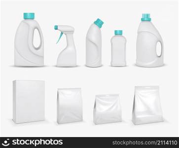 Realistic laundry detergent in box and plastic package, bleach, softener in bottle. Washing powder, fabric cleaner product mockup vector set. Illustration of container and bottle. Realistic , bleach, softener in bottle. Washing powder, fabric cleaner product mockup vector set