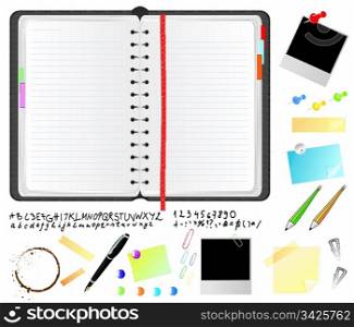 Realistic leather daily planner with font and office items, vector illustration