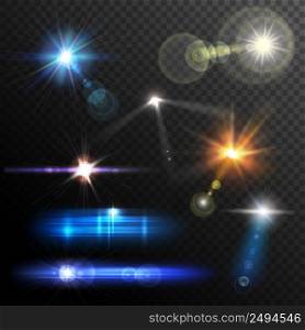 Realistic lens flares beams and flashes on transparent background vector illustration. Lens Flares Set