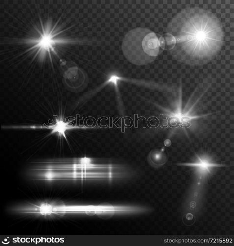 Realistic lens flares star lights and glow white elements on transparent background vector illustration. Lens Flares White