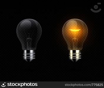 Realistic light bulb. Glowing yellow and white incandescent filament lamps, electricity on and of template. Vector 3D light bulbs set - creativity idea business innovation, on transparent background. Realistic light bulb. Glowing yellow and white incandescent filament lamps, electricity on and of template. Vector light bulbs set