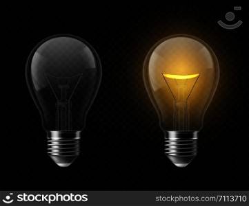Realistic light bulb. Turned off and glowing isolated lamps. Creative idea and innovation lightbulb vector 3d business and electricity interior lights decorations edison lamp concept. Realistic light bulb. Turned off and glowing isolated lamps. Creative idea and innovation lightbulb vector 3d business concept