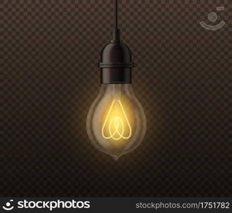 Realistic light bulb. Vintage edison glowing l&, incandescent illumination, electrical equipment, creative idea, inspiration and think symbol, vector 3d object isolated on transparent background. Realistic light bulb. Vintage edison glowing l&, incandescent illumination, electrical equipment, inspiration and think symbol, vector 3d object isolated on transparent background