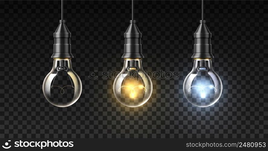 Realistic light bulbs. Isolated 3D classic shape shiny ceiling lamps. Different glow temperature effect. Cold and warm lighting. Business idea concept. Vector lightbulbs set hanging on electric wires. Realistic light bulbs. Isolated 3D classic shape ceiling lamps. Different glow temperature effect. Cold and warm lighting. Business idea concept. Vector lightbulbs set hanging on wires