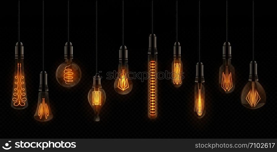 Realistic light bulbs. Vintage lamps hanging on wires, decoration glowing retro objects. Vector design lighting incandescent filament lamps set on transparent background. Realistic light bulbs. Vintage lamps hanging on wires, decoration glowing retro objects. Vector incandescent filament lamps set