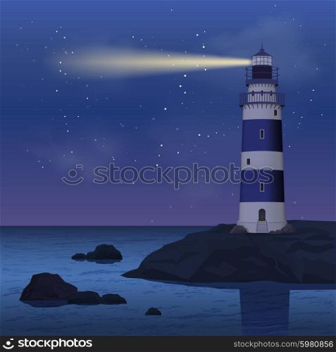 Realistic lighthouse on seashore rock in the night vector illustration. Lighthouse In Night