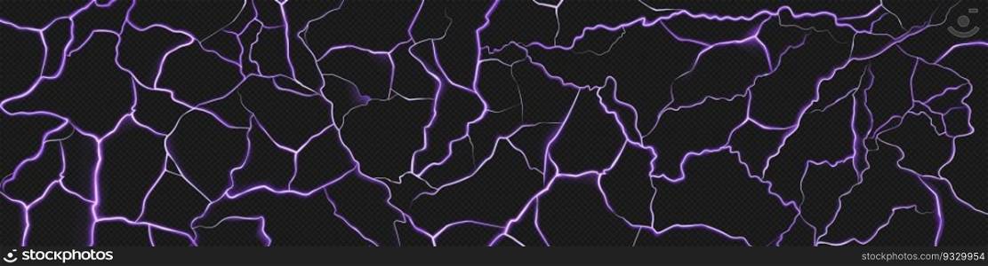 Realistic lightning bolt pattern on transparent background. Vector illustration of neon purple cracks, electric discharge on dark sky, thunderstorm flash light effect, destructive magic power strike. Realistic lightning bolt pattern