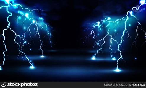 Realistic lightning bolts flashes composition with images of clouds in night sky and radiant glowing lightning strokes vector illustration