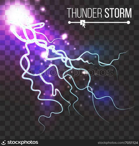 Realistic Lightning Strike Vector. Blue Flash. Isolated On Transparent Background. Electricity Effect Illustration. Thunder Storm Vector. Lightning Thunderbolt Isolated On Transparent Background. Electricity Effect Illustration