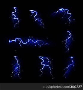 Realistic lightnings. Blitz lightning thunder light sparks storm flash thunderstorm. Power energy charge thunder shock vector. Realistic lightnings. Blitz lightning thunder light sparks storm flash thunderstorm. Power energy charge thunder shock