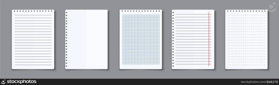 Realistic lined notepapers. Blank gridded notebook papers for homework and exercises. Vector pads paper sheets with lines and squares for memo. Realistic lined notepapers. Blank gridded notebook papers for homework and exercises. Vector paper sheets with lines and squares