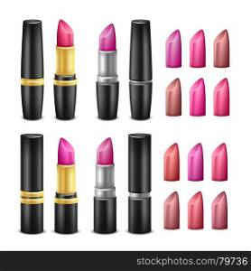 Realistic Lipstick Set Vector. Black, Gold And Silver Tubes. For Woman Lips Make Up. Isolated Illustration. Lipstick Collection Vector. Black, Gold And Silver Tubes. Glossy Lipstick For Woman Lips Make Up. Isolated Illustration