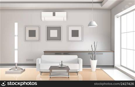 Realistic living room interior in light tones with furniture, l&s, picture frames, beige floor 3d vector illustration. Realistic Living Room Interior Light Tones