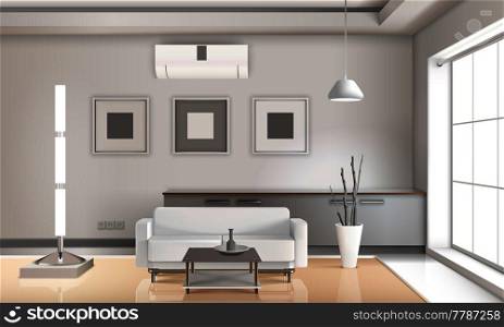 Realistic living room interior in light tones with furniture, lamps, picture frames, beige floor 3d vector illustration. Realistic Living Room Interior Light Tones