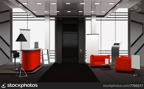 Realistic lobby interior in orange grey color with reception desk, waiting area near lift, banners vector illustration . Realistic Lobby Interior 