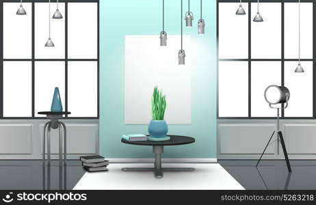 Realistic Loft Interior In Light Tones. Realistic design loft interior in light tones with metal furniture, large windows with black frames vector illustration