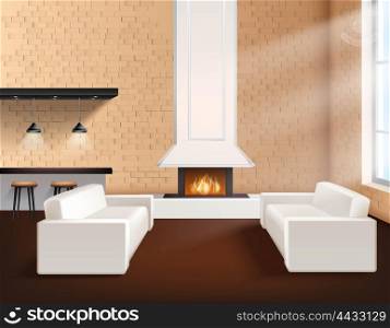Realistic Loft Interior . Realistic loft interior in minimalistic style concept with two sofas cupboards and fireplace vector illustration
