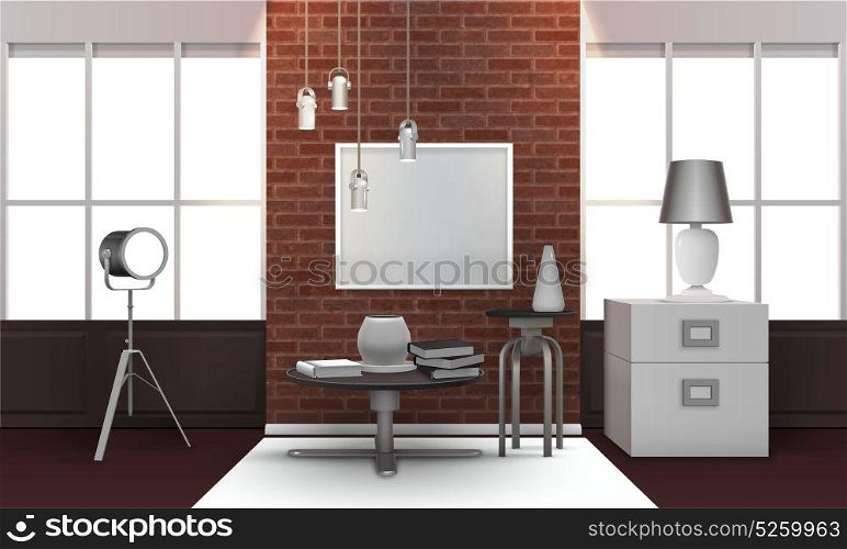 Realistic Loft Interior. Realistic loft interior with brick wall between wide windows, metal table and chair, spotlight 3d vector illustration