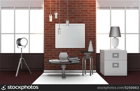 Realistic Loft Interior. Realistic loft interior with brick wall between wide windows, metal table and chair, spotlight 3d vector illustration
