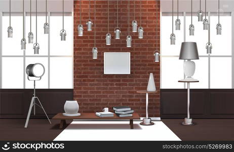 Realistic Loft Interior With Hanging Lamps. Realistic design loft interior with metal hanging lamps, wooden table, picture frame on brick wall vector illustration