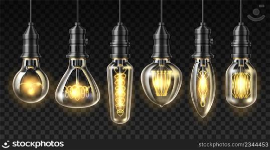 Realistic loft light bulbs. 3D glowing Edison lamps. Steampunk vintage design. Different incandescent filaments weaving and lightbulbs shapes set. Hanging on electric wire. Vector indoor illumination. Realistic loft light bulbs. 3D Edison lamps. Steampunk vintage design. Different incandescent filaments weaving and lightbulbs shapes set. Hanging on wire. Vector indoor illumination