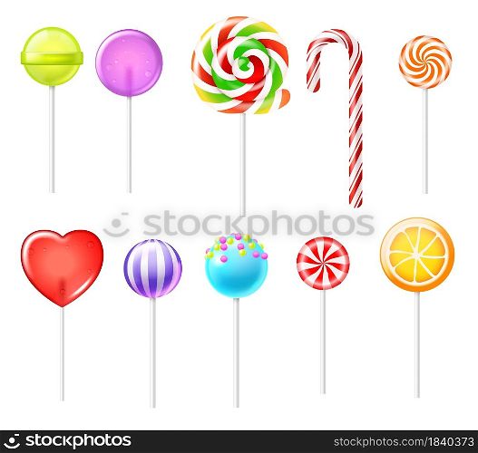 Realistic lollipops. Color sweets different types, sugar food, bright candies, traditional christmas cane, round spiral on stick, red heart. Colorful confectionery for kids. Vector 3d isolated set. Realistic lollipops. Color sweets different types, sugar food, bright candies, traditional christmas cane, round spiral on stick, red heart. Colorful confectionery for kids. Vector set