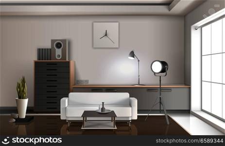 Realistic lounge interior 3d design with white sofa, drawers with loudspeaker, floodlight, clock on wall vector illustration. Realistic Lounge Interior 3D Design